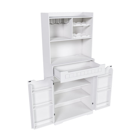 Modern Farmhouse White Buffet Cabinet with Hutch - Kitchen Storage Sideboard with Drawers & Barn Doors