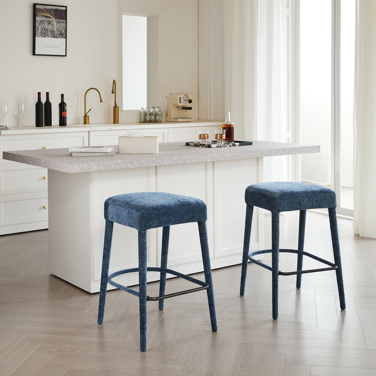 Backless Blue Upholstered Fabric Bar Stool – Comfortable Padded Seat with Sturdy Legs & Footrest, Space-Saving Seating for Kitchen Island, Dining Counter & Pub,2 Sets