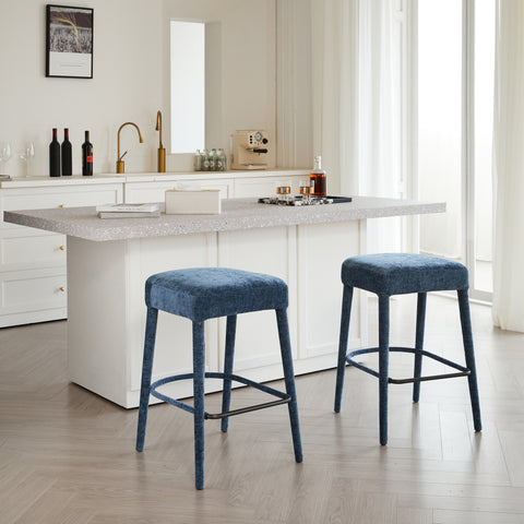 Backless Blue Upholstered Fabric Bar Stool – Comfortable Padded Seat with Sturdy Legs & Footrest, Space-Saving Seating for Kitchen Island, Dining Counter & Pub,2 Sets