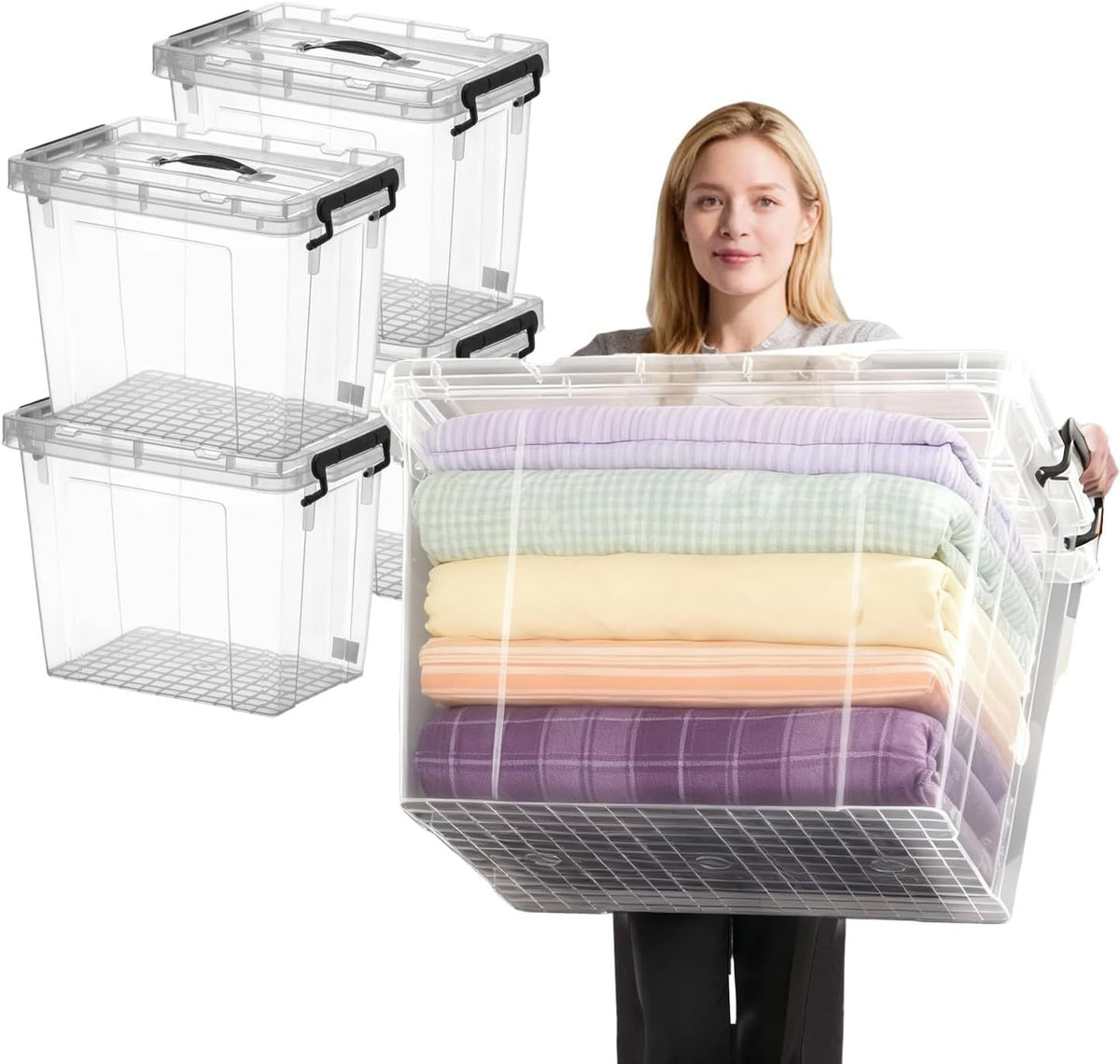 360 QT Clear Storage Bins with Lids, 4 Pack 90 QT-Stackable Plastic Organizer for Home, Office, Garage, BPA-Free, Heavy-Duty, See-Through Containers with Secure Latches & Handles