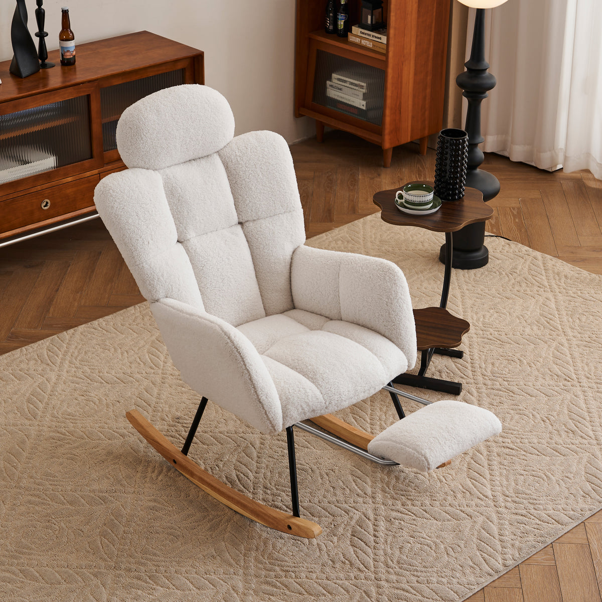 056-Teddy Fabric Upholstered Nursery Rocking Chair with Pillow & Footrest Modern Accent Armchair Padded Seat with High Backrest for Living Room Bedroom (Ivory)