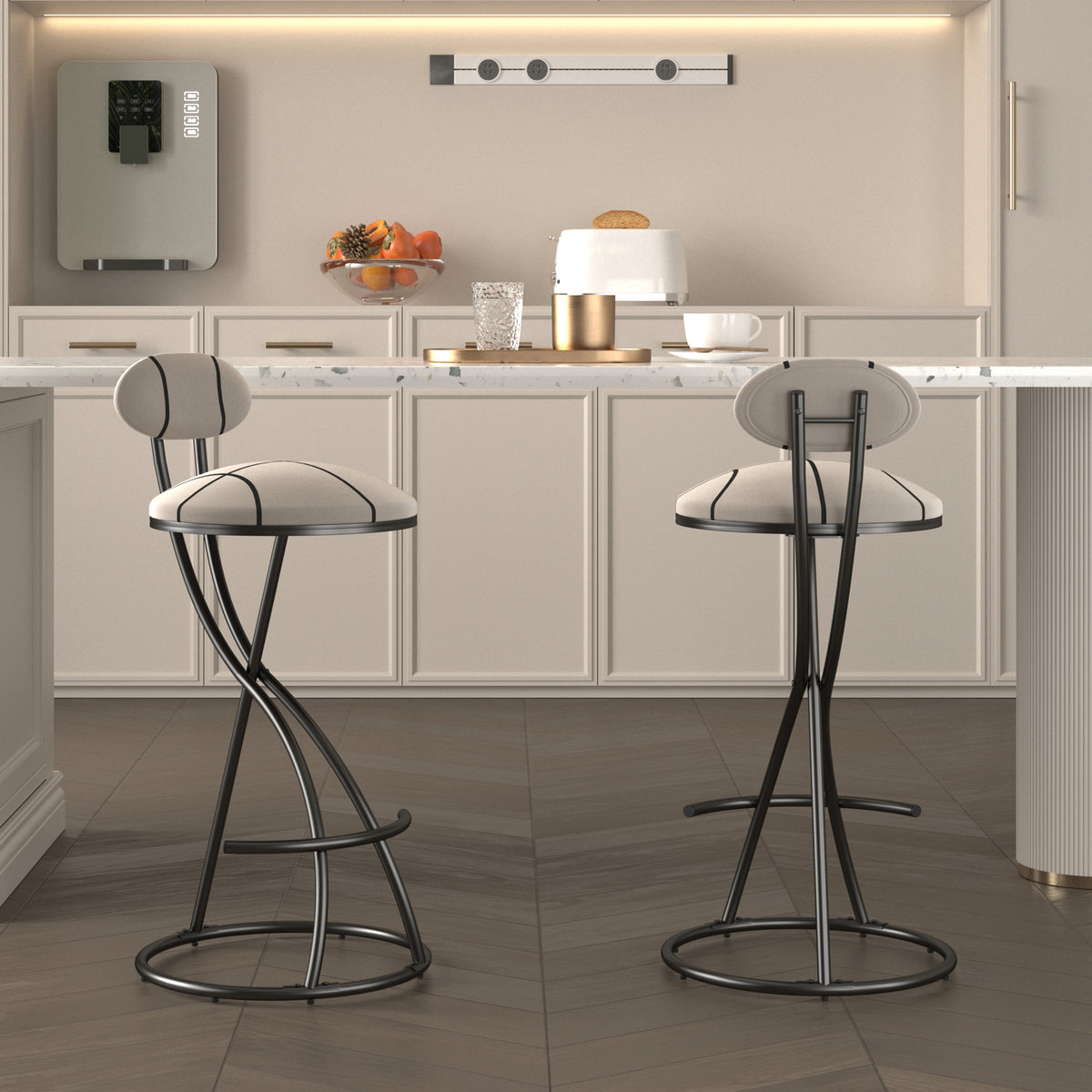 Upholstered Bar Stools Set of 2 Striped Counter Height Barstools Modern Velvet Dining Chairs for Kitchen Island, Living Room (Black & Stripe)