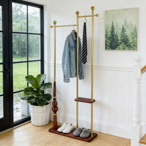 70' Tall Industrial Coat Rack for Entryway, Solid Wood & Stainless Steel Clothing Rack, Double Layer Hanger for Coats, Hats, Bags, Scarves, Shoes Storage, Vintage Wood Grain & Metal, Heavy Duty