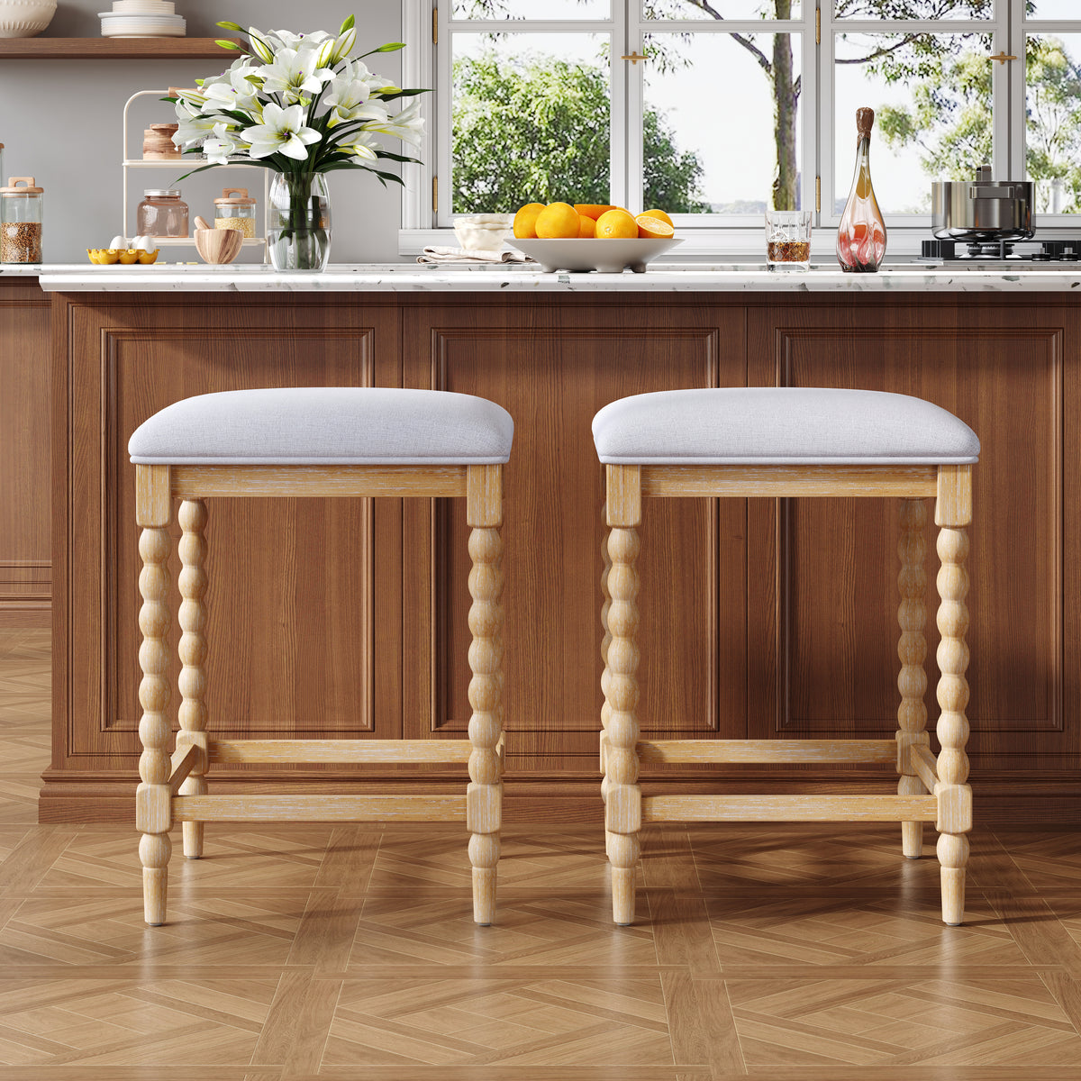 26''Counter Stools,Set of 2 with Upholstered Seat, Solid Acacia wood Frame, Foam-Padded Seat, Open Airy Design for Kitchen Island and Bar, Natural