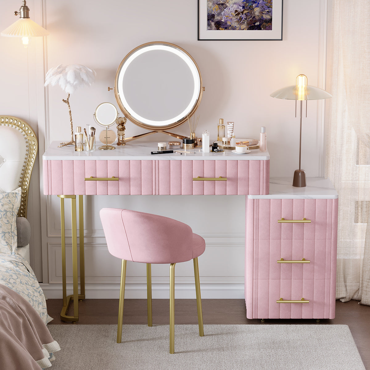 Velvet Upholstered Vanity Desk with Chair, Vanity Set with 5 Big Drawers, Makeup Table with Padded Chair, Marble-Look Sticker Top Dressing Table with Left/Right Adjustable Storage, Pink