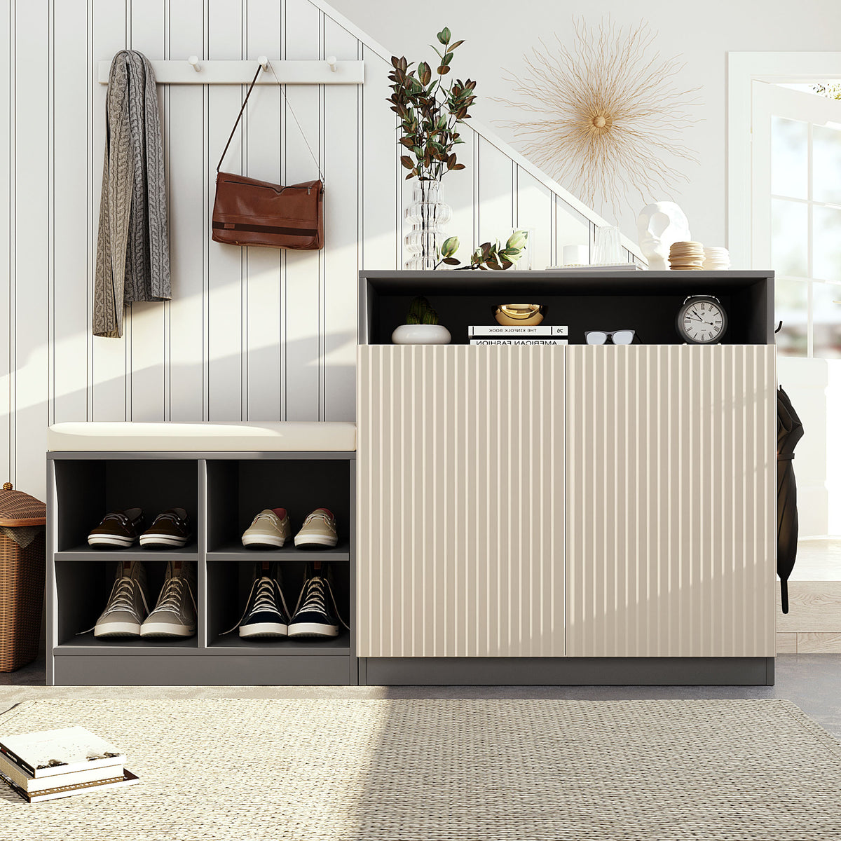 U_Style Livingroom Cabinet with Shoe Bench, 2 Doors and 3-Tier Adjustable Shelves, Entryway Bench with 4 Open Shoe Racks and Removeble Cushion, Storage Console Table with Wavy Slatted Door and Hooks