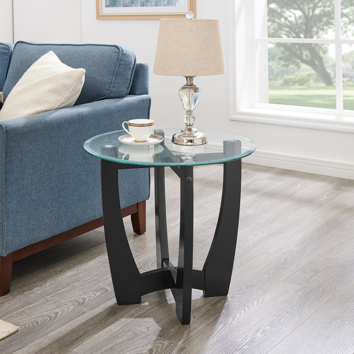 23.5 inch round glass coffee table, black round coffee table center table with glass top, small coffee table for living room, office and apartment