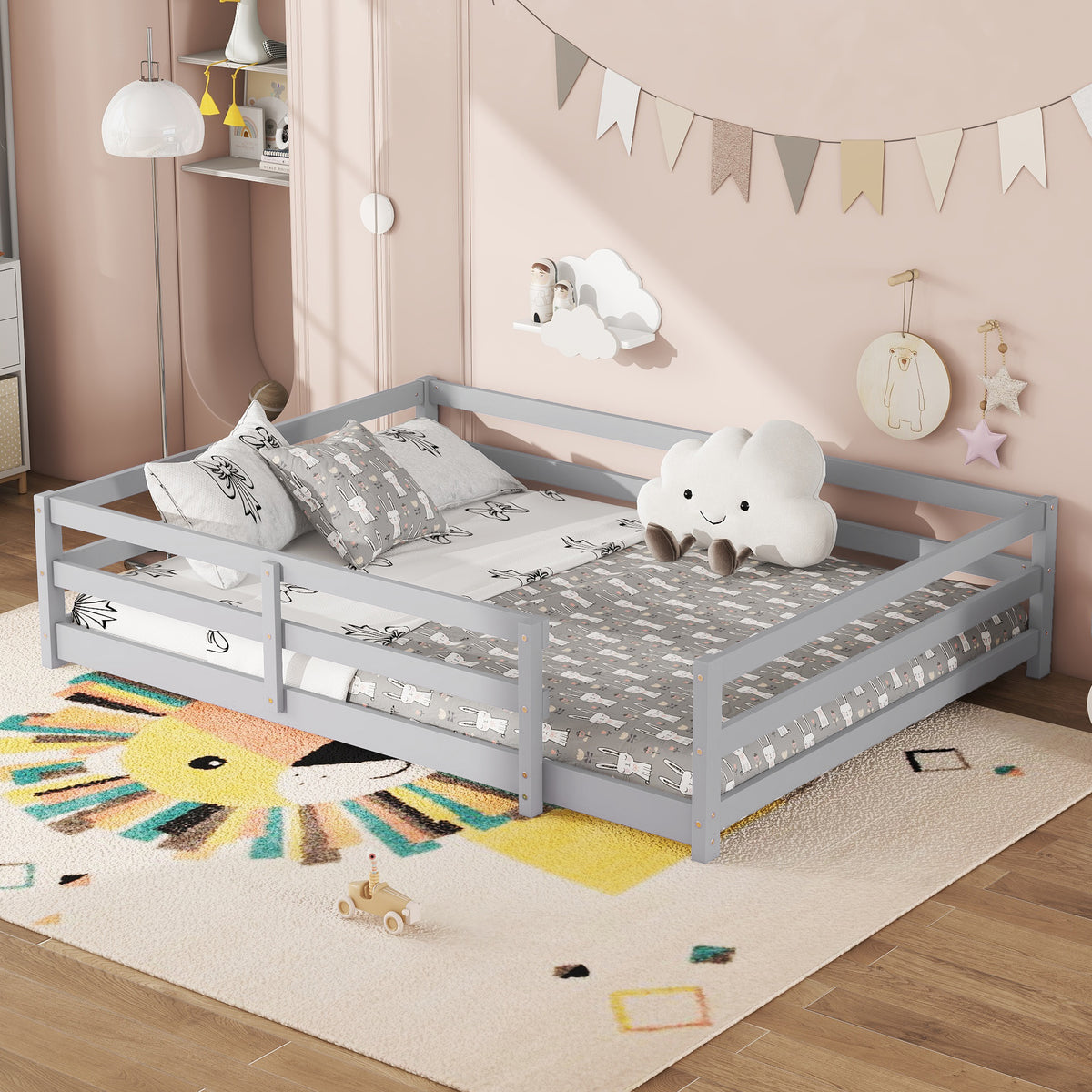 Full Size Floor Bed, Montessori Floor Bed with Fence, Kids Montessori Bed Full Size, Wood Montessori Floor Bed for Kids, Girls, Boys,GRAY.
