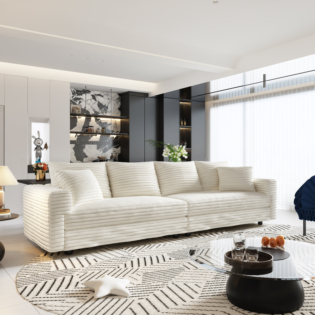 102.4 ' Plush Corduroy 4-Seat Sofa,Modern Comfy Upholstered Sofa Cloud Couch,Deep Seat Couches with Soft Pillows,Convertible Deep Seat Sofa Lounge Chair for Living Room Bedroom,Apartment,Beige/White