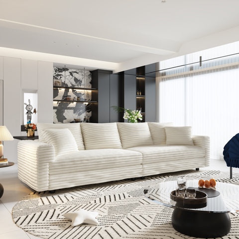 102.4 ' Plush Corduroy 4-Seat Sofa,Modern Comfy Upholstered Sofa Cloud Couch,Deep Seat Couches with Soft Pillows,Convertible Deep Seat Sofa Lounge Chair for Living Room Bedroom,Apartment,Beige/White