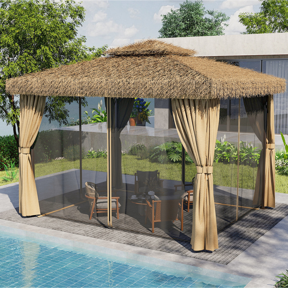 Outdoor Patio Gazebo - Hawaiian Style Thatch Roof, Double Canopy, Aluminum Frame with Mosquito Net & Privacy Curtain