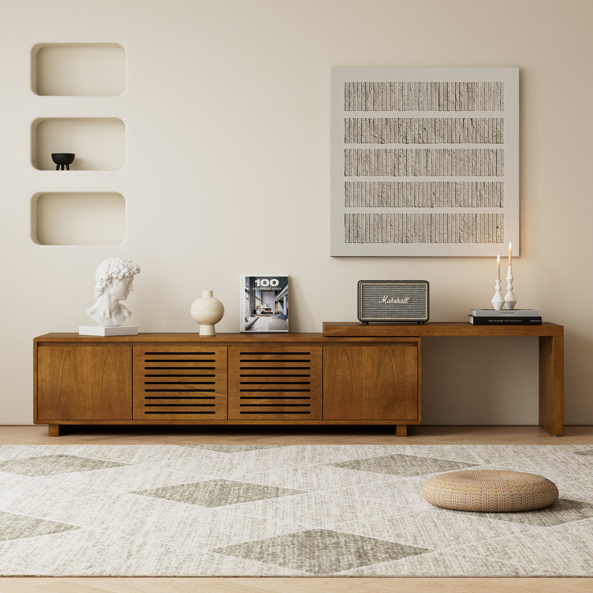 63' Mid-Century Modern Extendable TV Stand for TVs up to 75', Media Console TV Cabinet for Living Room, Farmhouse Entertainment Cabinet with Storage & Adjustable Panel