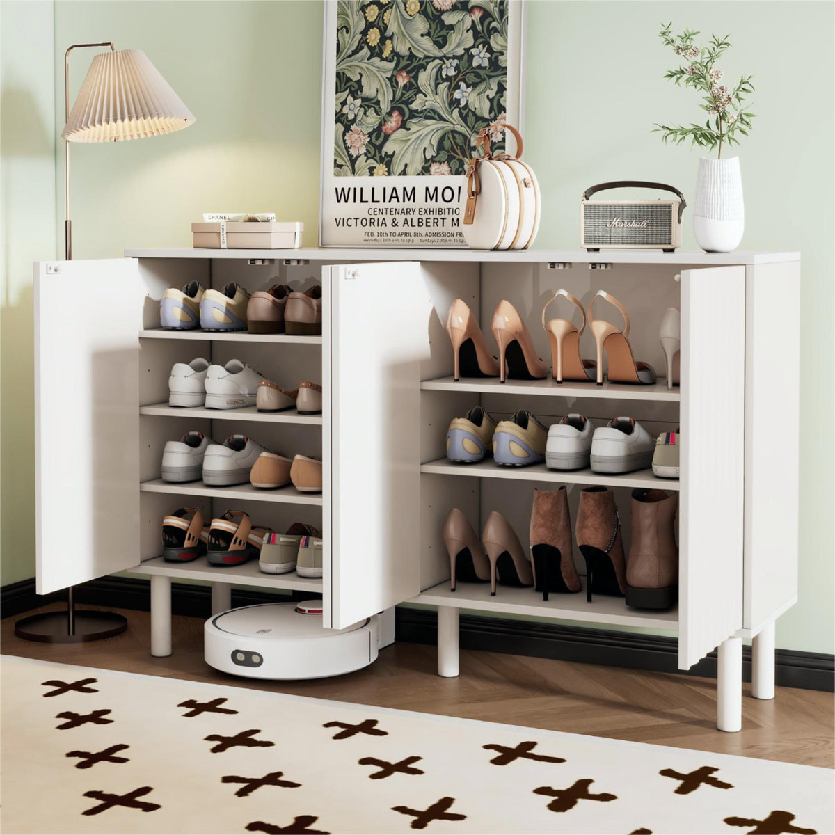 ON-TREND Minimalist Shoe Cabinet with 5 Solid Wood Legs, Cream Style Sideboard Buffet Cabinet with Fluted Doors, Large 4-Door Storage Cabinet with Adjustable Shelves for Living Room, White, 55.1*13.7'