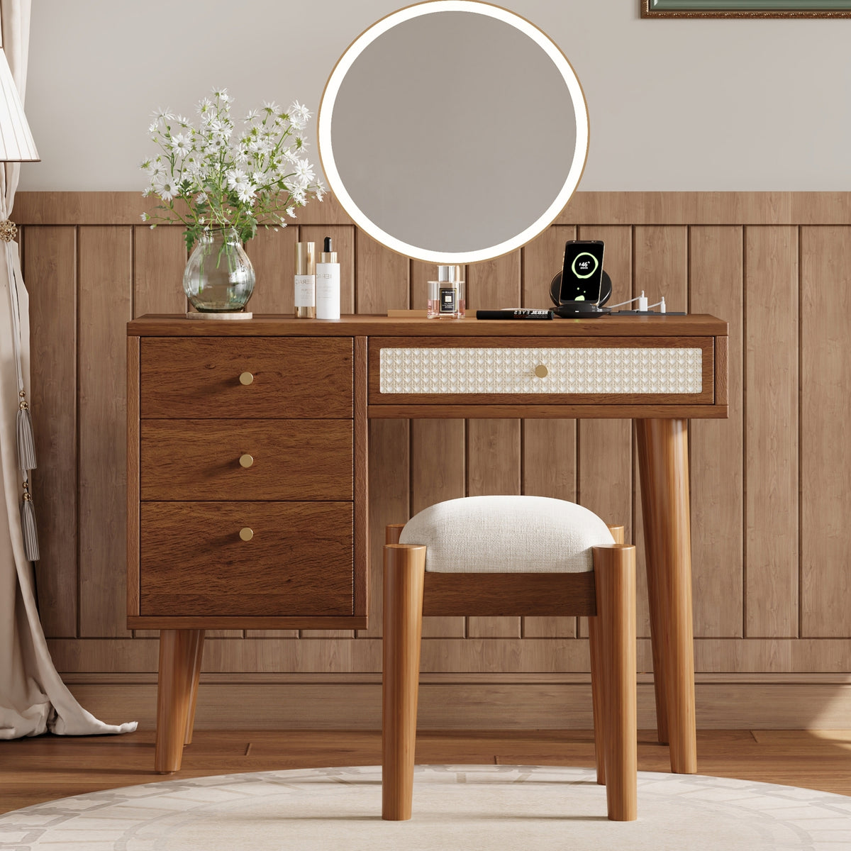39' Retro Bohemian Style Wooden Makeup Vanity Set with Charging Plug&USB Port and Stool, Dressing Table with 3 Storage Drawers and 1 Rectangular Rattan Drawer, Walnut