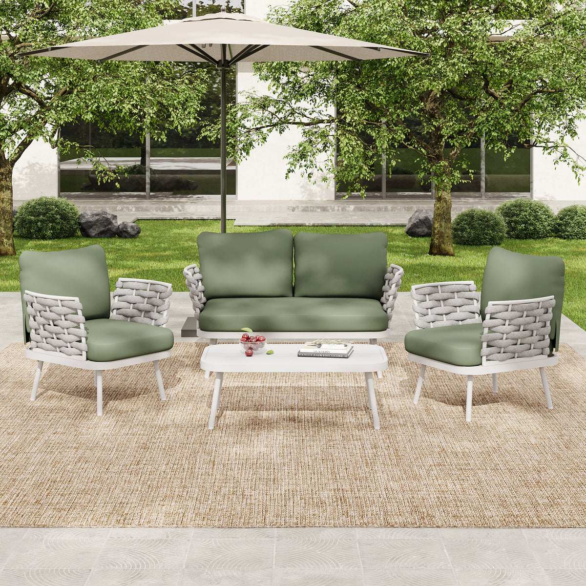 Mariano Steel 4-Pieces Coversation Set, Off White+Green