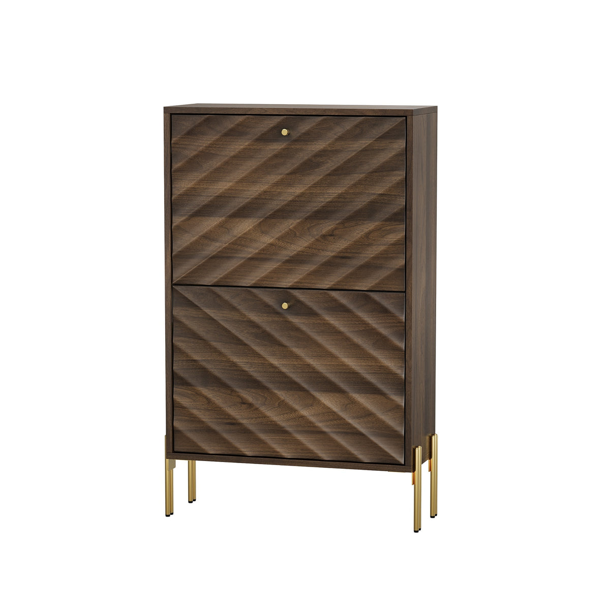 Mid-century modern walnut shoe cabinet with metal legs, freestanding organizer for entryway, hallway, and foyer, 23.6 inch height, particle board and MDF construction