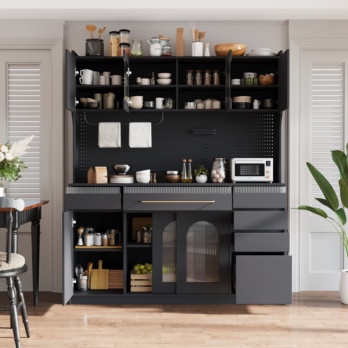 (Assembly Video Offered) TOPMAX Freestanding 63'' W Buffet with Hutch, Large Coffee Bar Storage Cabinet with 6 Drawers, 5 Cabinets with Adjustable Shelves,Pegboard,Towel Rack, Power Outlet,Black