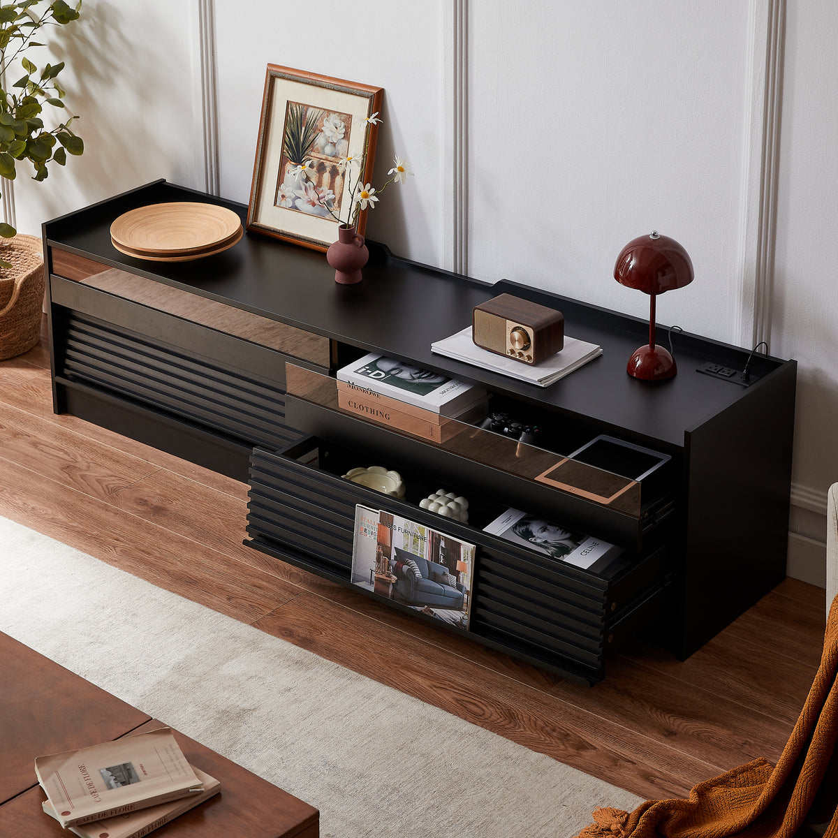 Mirod Modern TV Stand with Ample Storage,4 Drawer Design with Tempered Glass ,Built-in Charging Ports and Ambient LED Lighting ,Versatile for Any Decor Style