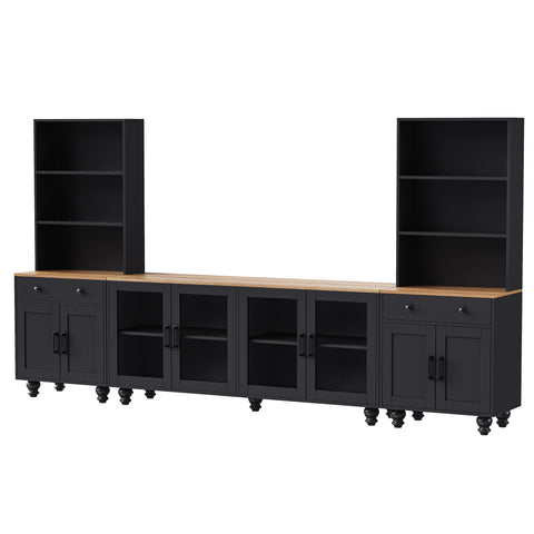 Farmhouse TV Stand with Solid Wood Gourd-Shaped Legs for TVs Up to 70', Entertainment Center with Bookshelves & Tempered Glass Doors, Media Console with Adjustable Shelves, Living Room, Black