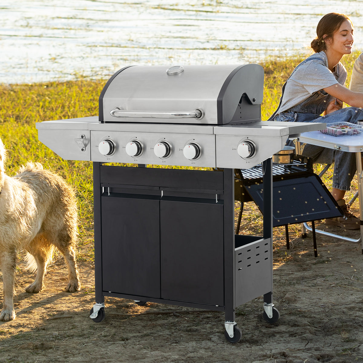 Propane Grill 4 Burner Barbecue Grill Stainless Steel Gas Grill with Side Burner, 46,500 BTU Outdoor Cooking, Patio, Garden Barbecue Grill, Black and Silver