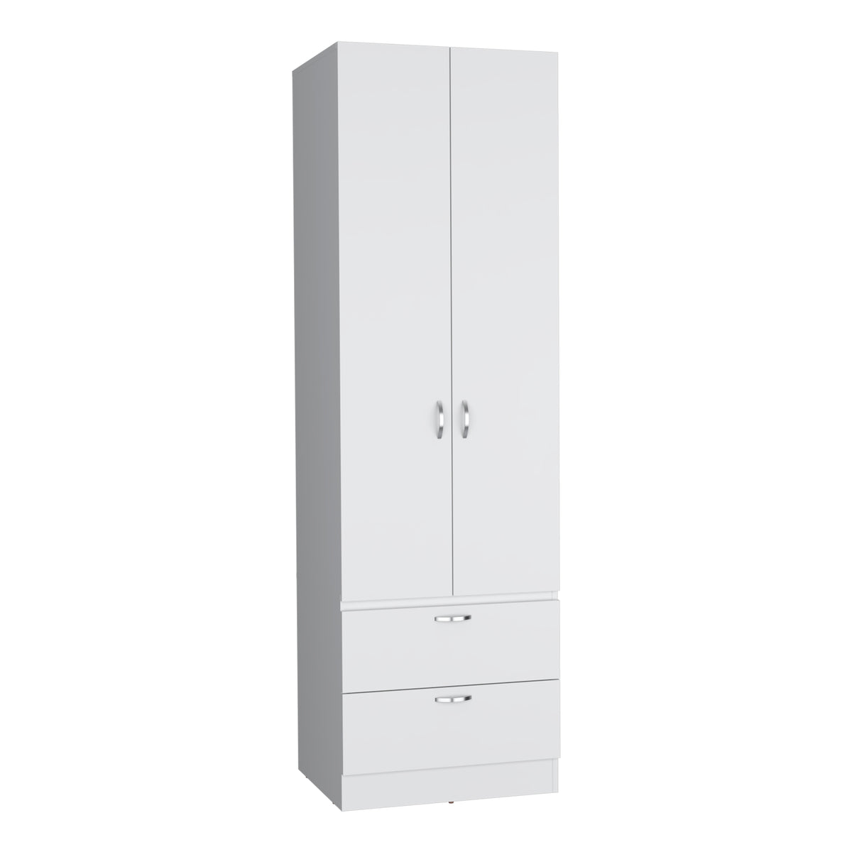 Modern White Engineered Wood Armoire Wardrobe with Hanging Rod, 2 Drawers, and 1 Shelf, 76.8' H