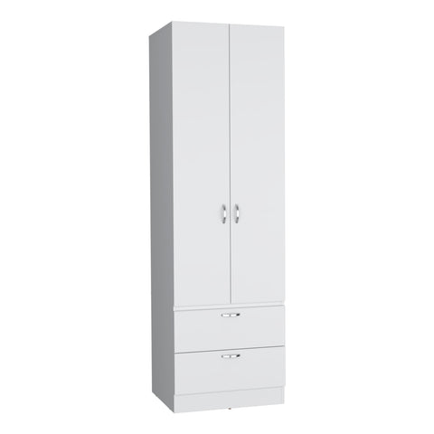 Modern White Engineered Wood Armoire Wardrobe with Hanging Rod, 2 Drawers, and 1 Shelf, 76.8' H