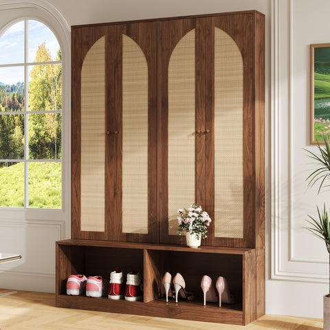 [Assembly Video] Farmhouse Widen Hall Tree with 4 Rattan Doors, Versatile 4-In-1 Seating Bench with 6 Hooks, Mid-Century Entryway Shoe Cabinet with Adjustable Shelf for Living Room, Walnut, 55.1'W