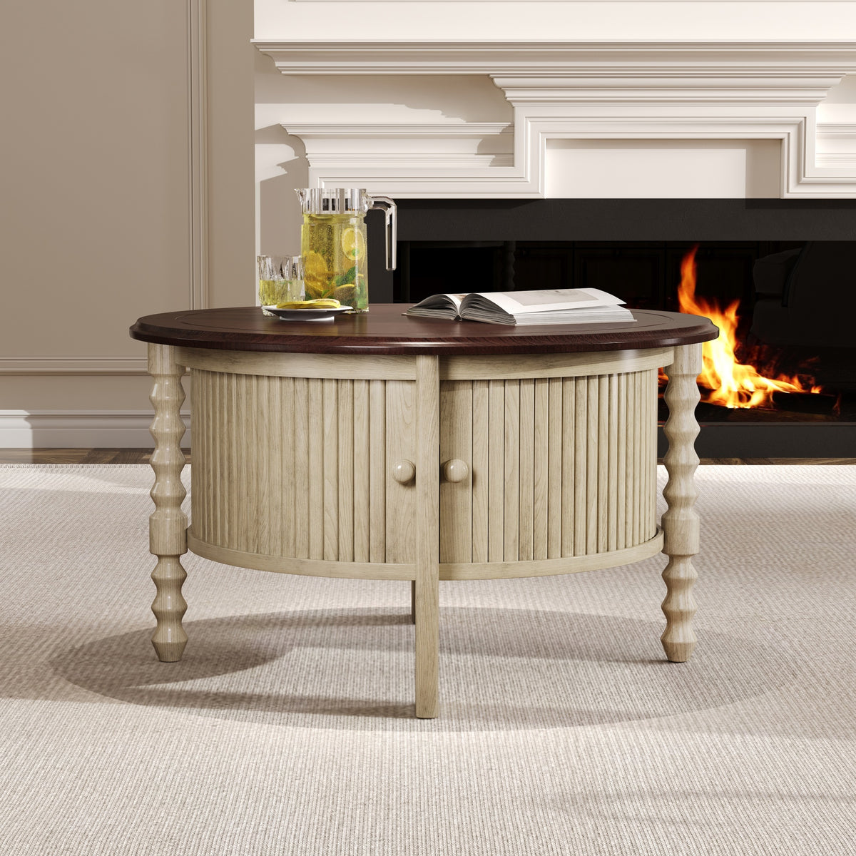 Vintage Round Coffee Table with Storage in 30.3' for Living Room, Mid Century Modern Cocktail Table with Sliding Door, Slatted Design Accent Table for Small Space, Beige and Espresso
