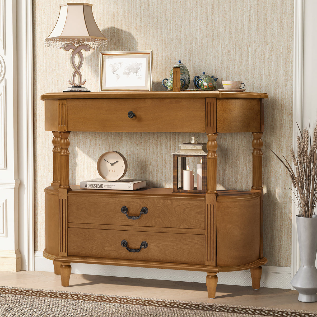 Retro Curved Wood Console Table with 3 Drawers, 43'' Entry Table with Storage Shelf, Sofa Table Behind Couch with Solid Wood Legs for Living Room Hallway, Brown