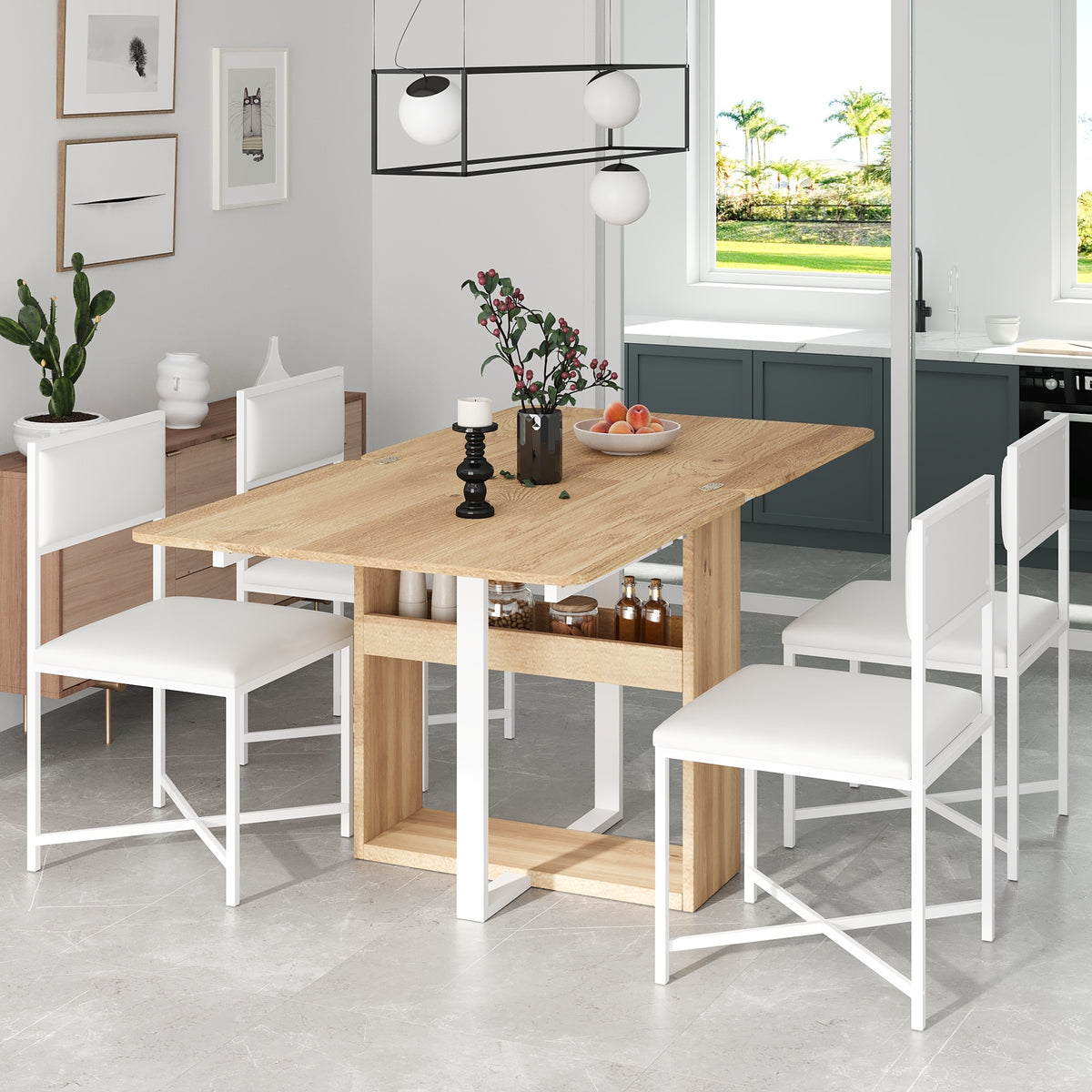 TOPMAX Modern Compact 63inch 5-Piece Extendable Dining Table Set, Foldable Square Kitchen Table Set with Storage Rack and 4 PU Leather Upholstered Dining Chairs for Small Places, White