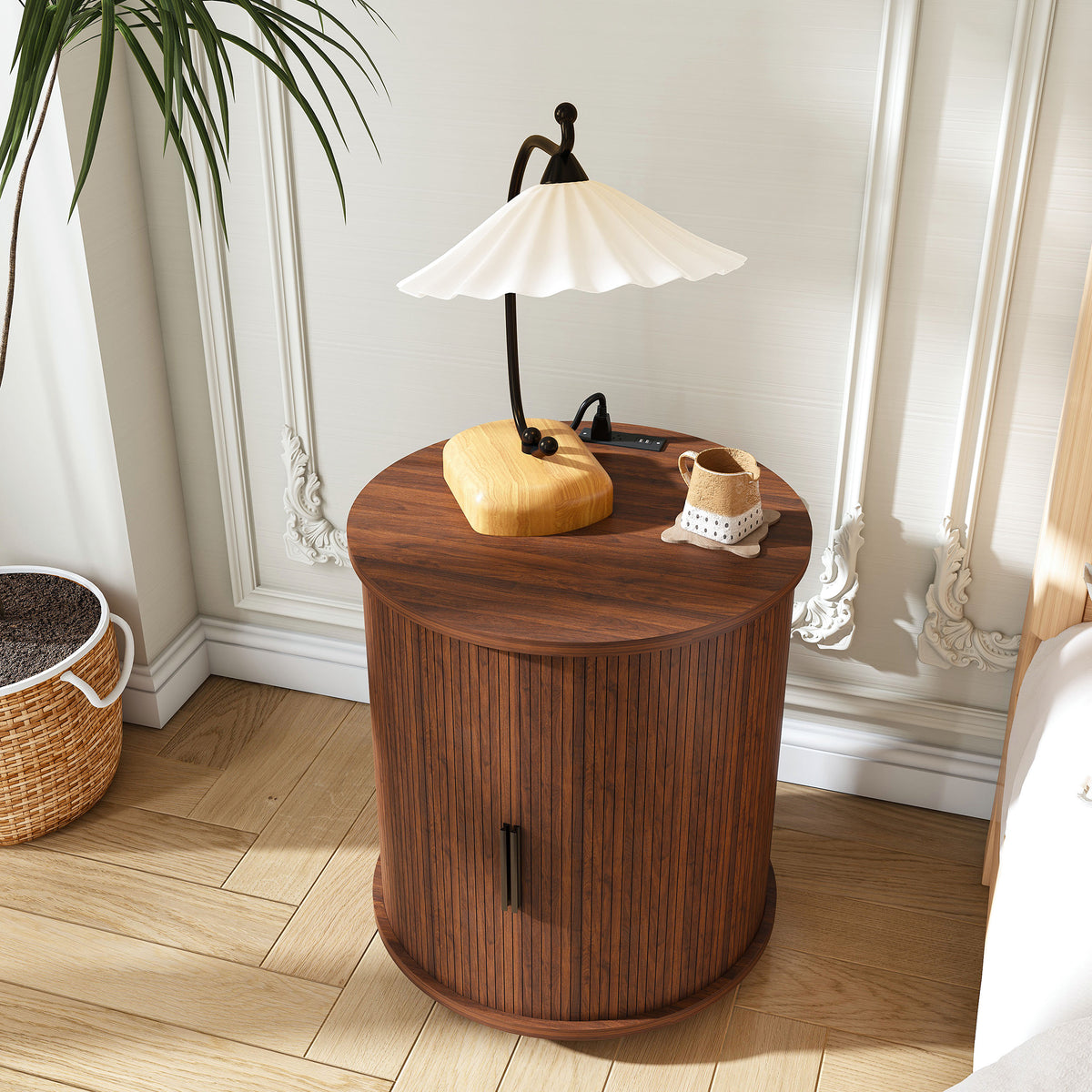 Mid Century Modern Cylinder End Table with Built-in Charging Station & Sliding Door, 2-Tier Storage Round Nightstand with USB Ports, Walnut Bedside Table for Living Room, Bedroom, Entryway