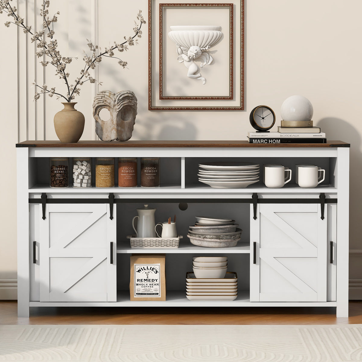U_STYLE 59.3''Sideboard with Sliding Barn Door and Mesh Panels,Farmhouse Buffet with Open Storage,Suitable for Living Room, Hallway, Balcony,Kitchen, Office