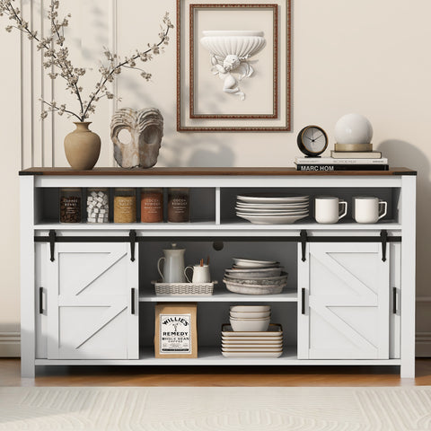 U_STYLE 59.3''Sideboard with Sliding Barn Door and Mesh Panels,Farmhouse Buffet with Open Storage,Suitable for Living Room, Hallway, Balcony,Kitchen, Office