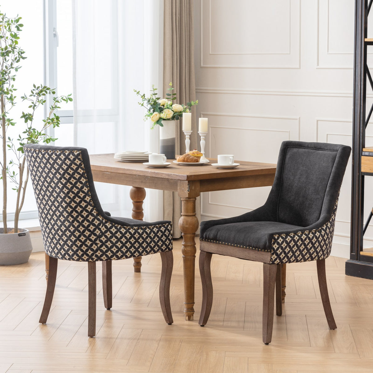 A&A Furniture, Ultra Side Dining Chair, Thickened fabric chairs with neutrally toned solid wood legs, Bronze nail head, Set of 2, Blue