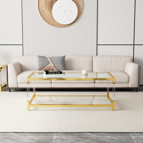 Modern Acrylic Leg Coffee Table, Double Layer Tempered Glass Top with Golden Metal Frame, 47.2x23.6x17.7 Inch Living Room Furniture