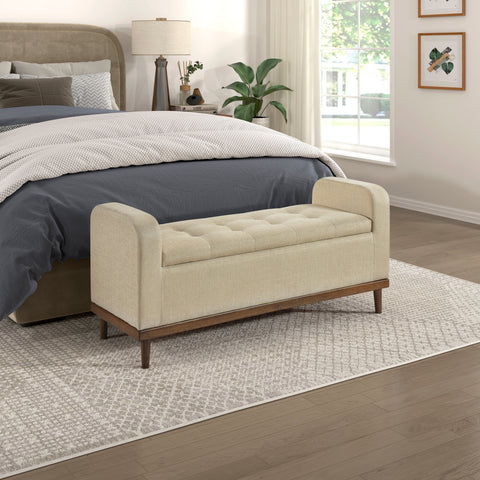 Mid-Century Modern Lift Top Storage Bench 1pc Light Brown Upholstered Tufted Solid Wood Walnut Finish Wooden Furniture