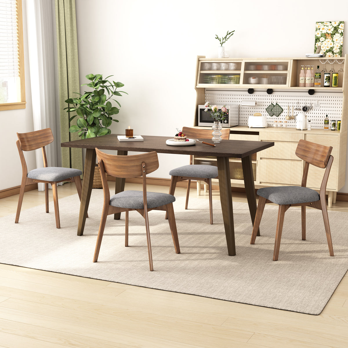 Mid-Century Walnut Finished Frame Upholstered Dining Chairs (Set of 4), Dark Grey+Walnut