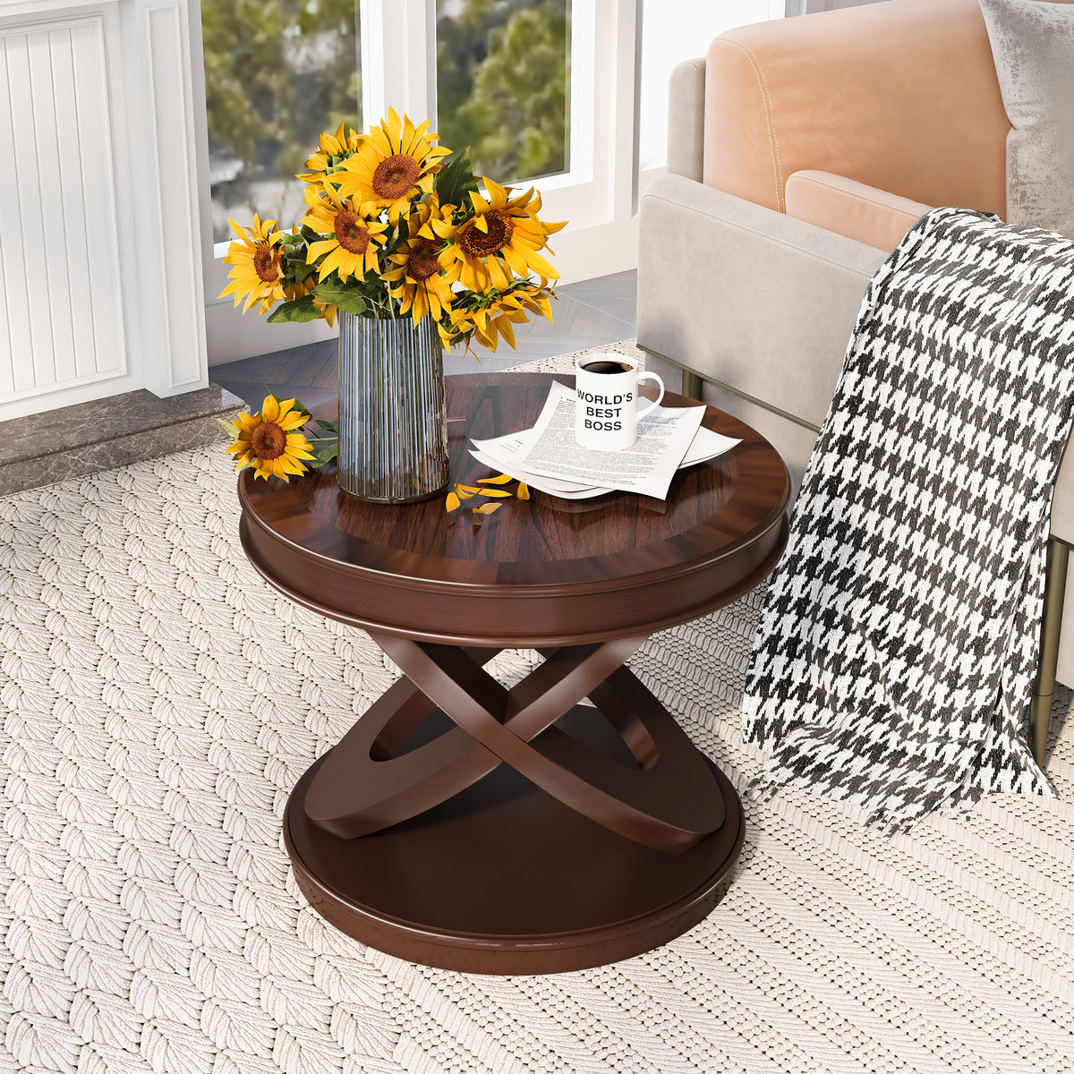 Retro Round Wooden End Table, Sofa Side Table with X-shape Base for Family Dining or Living Room. Walnut