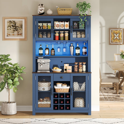70.9' Kitchen Pantry Storage Cabinet Rustic Buffet Cabinet, Kitchen Hutch Cabinet with LED Outlets Food Pantry Cabinet with Doors and Shelves Wine Rack for Dining Room, Navy Blue