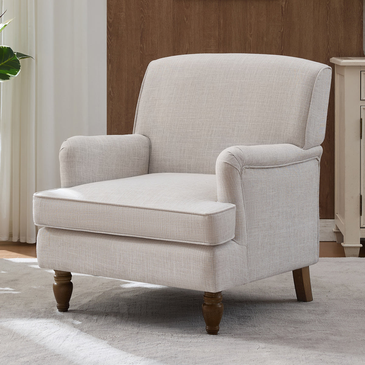 Vintage Upholstered Linen Fabric Armchair with Antique Solid Wood Legs, Accent Chair Single Sofa Chair for Living Room, Bedroom,Beige