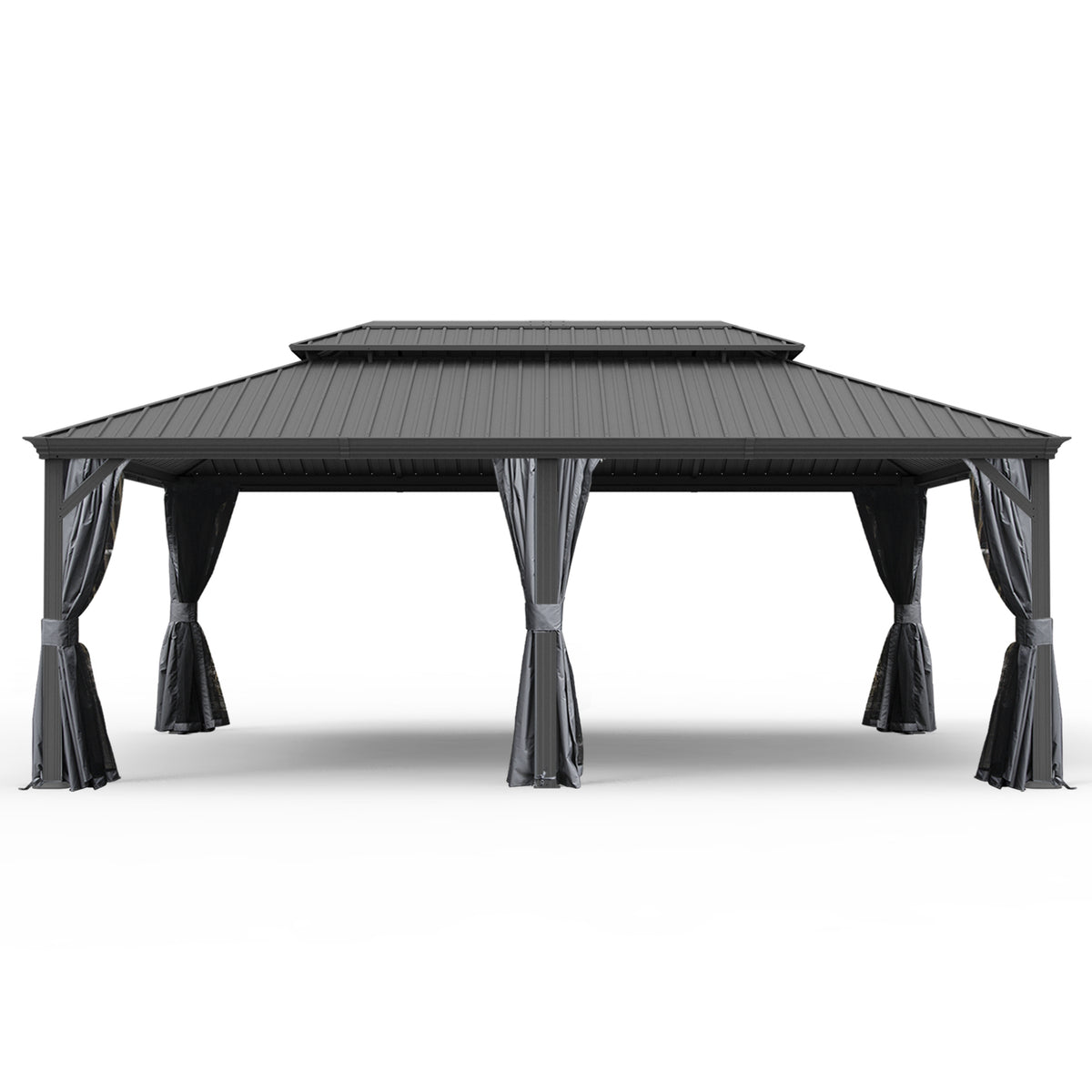 14' X 24' Hardtop Gazebo, Upgraded Metal Gazebo with Drainage System, Dual-Layer Galvanized Steel Roof, Curtain and Netting, Outdoor Shelter Canopy for Patio, Garden, and Backyard, Grey