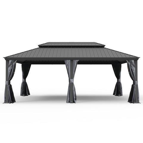 14' X 24' Hardtop Gazebo, Upgraded Metal Gazebo with Drainage System, Dual-Layer Galvanized Steel Roof, Curtain and Netting, Outdoor Shelter Canopy for Patio, Garden, and Backyard, Grey