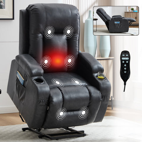 Dark Grey PU lInfinite Position Up to 350 LBS Power Lift Recliner Chair for Elderly, Heavy Duty Motion Mechanism with 8-Point Vibration Massage and Lumbar Heating, USB Charging Port, Cup Holders