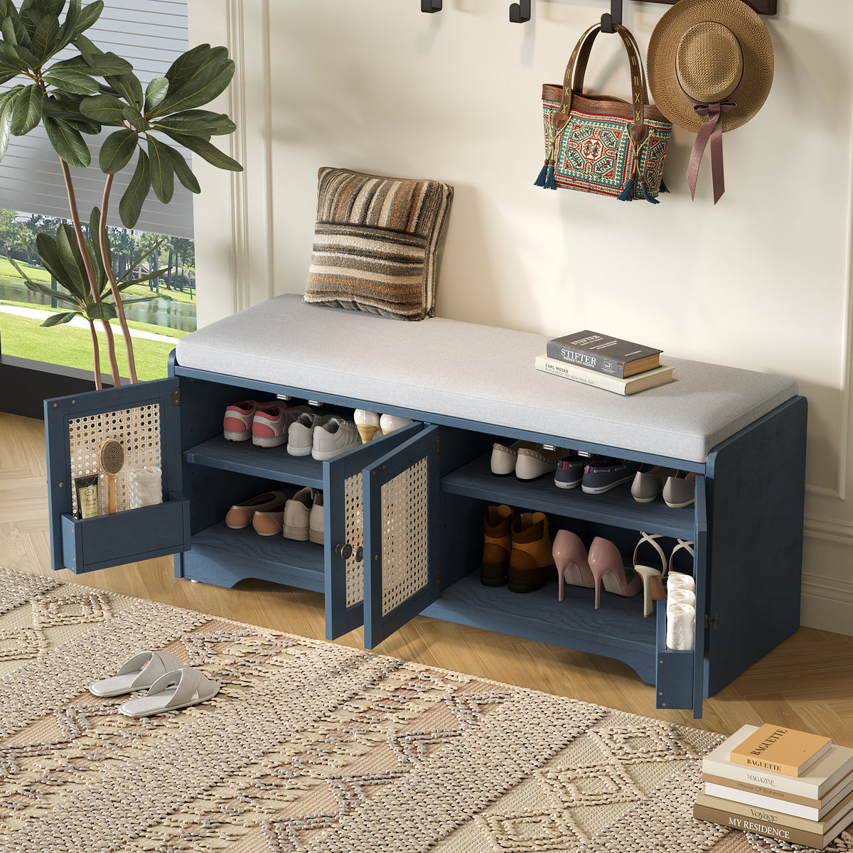 TREXM Rustic Storage Bench Multifunctional Wood Entryway Shoe Bench with Removable Cushion, Woven Rattan Doors & Adjustable Shelves for Hallway, Living Room (Antique Navy+Beige )