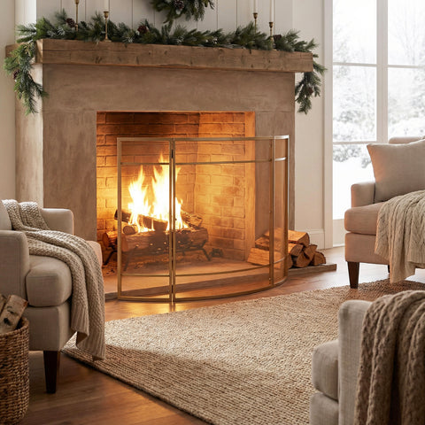Regina 1-Panel Curve Iron Fireplace Screen 38' x 32', Golden Finish