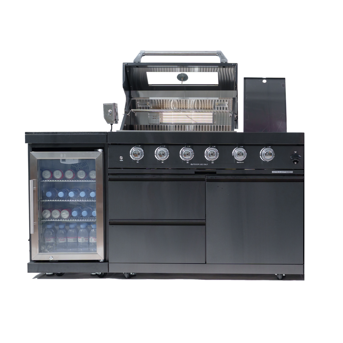 46-Inch 4-Burner 72000 BTU Deluxe Stainless Steel Gas Outdoor Kitchen Bar Barbecue Island Grill + Wine Cooler Compact Refrigerator + Rotisserie kit + Granite Countertops + Stainless steel Sink
