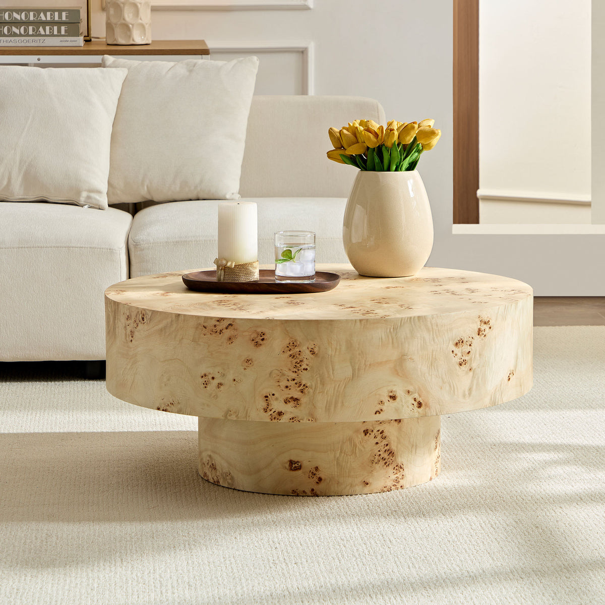 31.49''Mid Century Modern Round Wood Coffee Table with Burl Wood Veneer and Sturdy Pedestal for Living Room Office Apartment