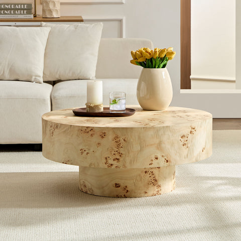 31.49''Mid Century Modern Round Wood Coffee Table with Burl Wood Veneer and Sturdy Pedestal for Living Room Office Apartment