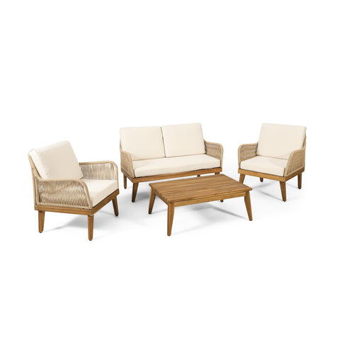 Hueber Outdoor Acacia Wood and Rope 4 Seater Chat Set with Cushions