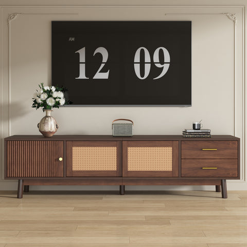 Mid Century Modern TV Stand for 80' TVs, Entertainment Center with Sliding Doors and Drawers, TV Table with Storage for Living Room, Bedroom